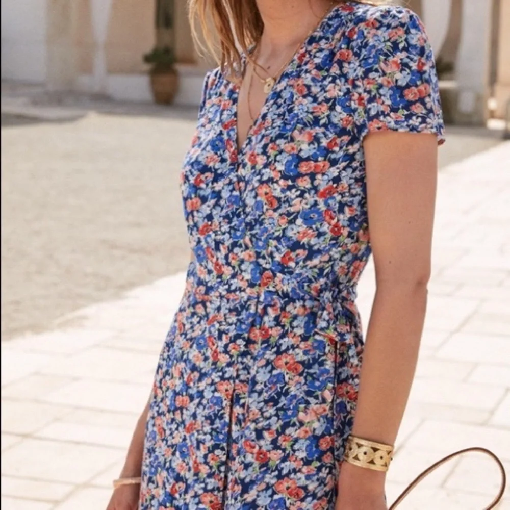 SEZANE Blue Pink Floral Printed V Neck Amber Midi Wrap Dress Summer Sun Dress